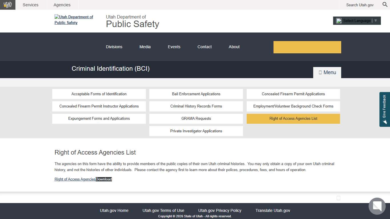Right of Access Agencies List | DPS – Criminal Identification (BCI)